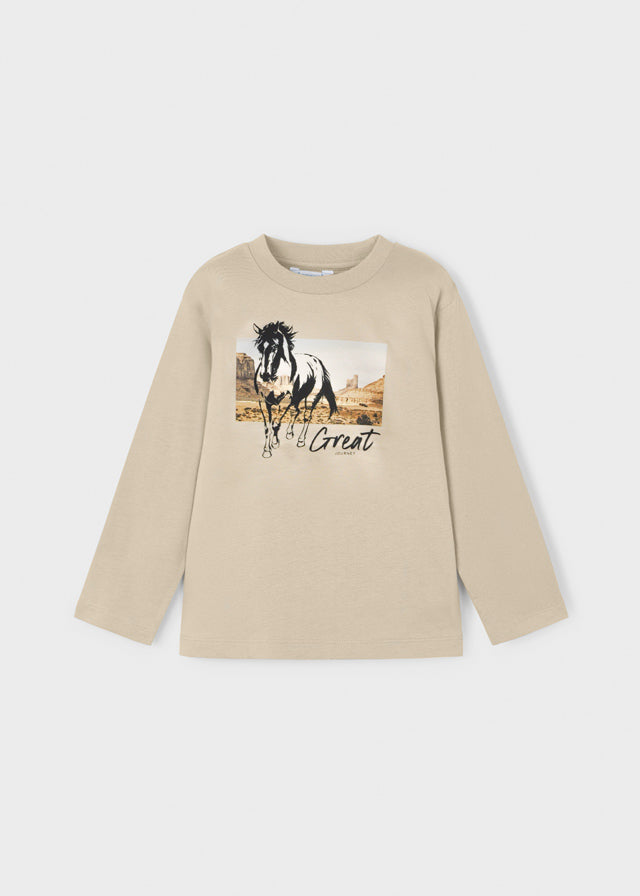 👕 Лонгслів бежевий з принтом коня для хлопчика Mayoral (5–10 років)