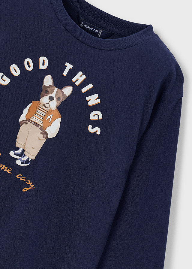 Крупний план темно-синього лонгсліва для хлопчика: песик, GOOD THINGS і Come easy