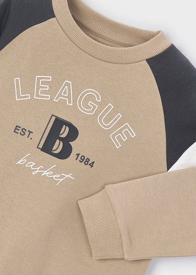 Крупний план бежевого світшота для хлопчика: LEAGUE B EST. 1984 basket, манжет і рукав