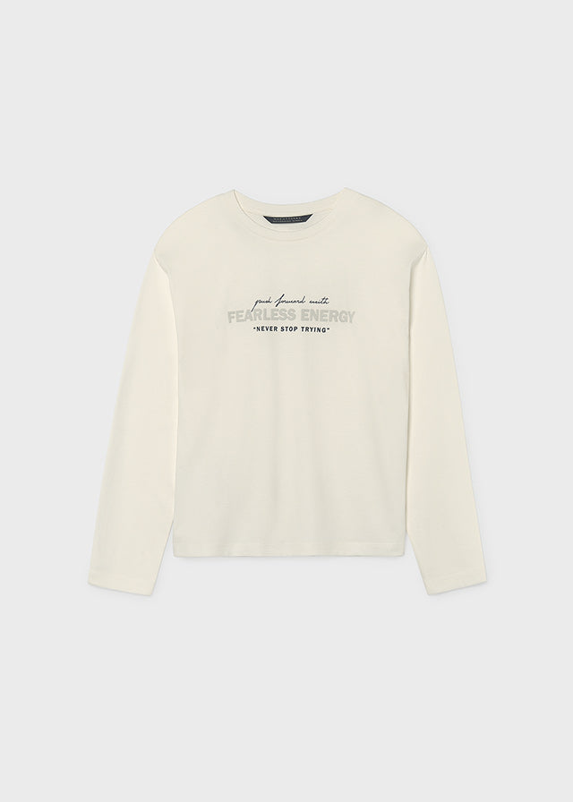 Молочний лонгслів для хлопчика спереду з написом FEARLESS ENERGY NEVER STOP TRYING