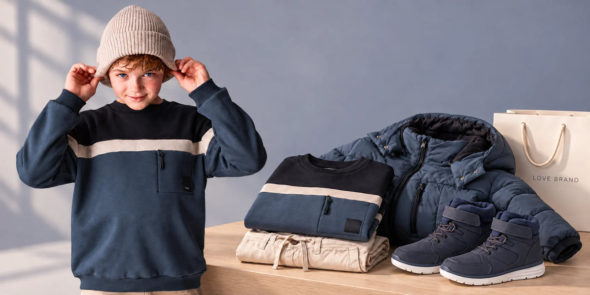 Розпродаж дитячого одягу Love Brand — образ із синім світшотом і добірка речей